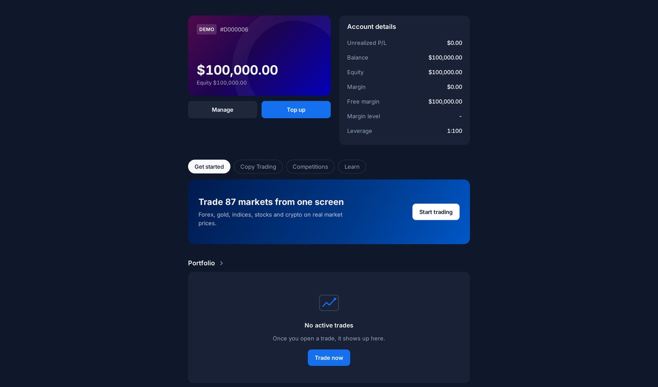 Demo account home screen with a $100,000 balance